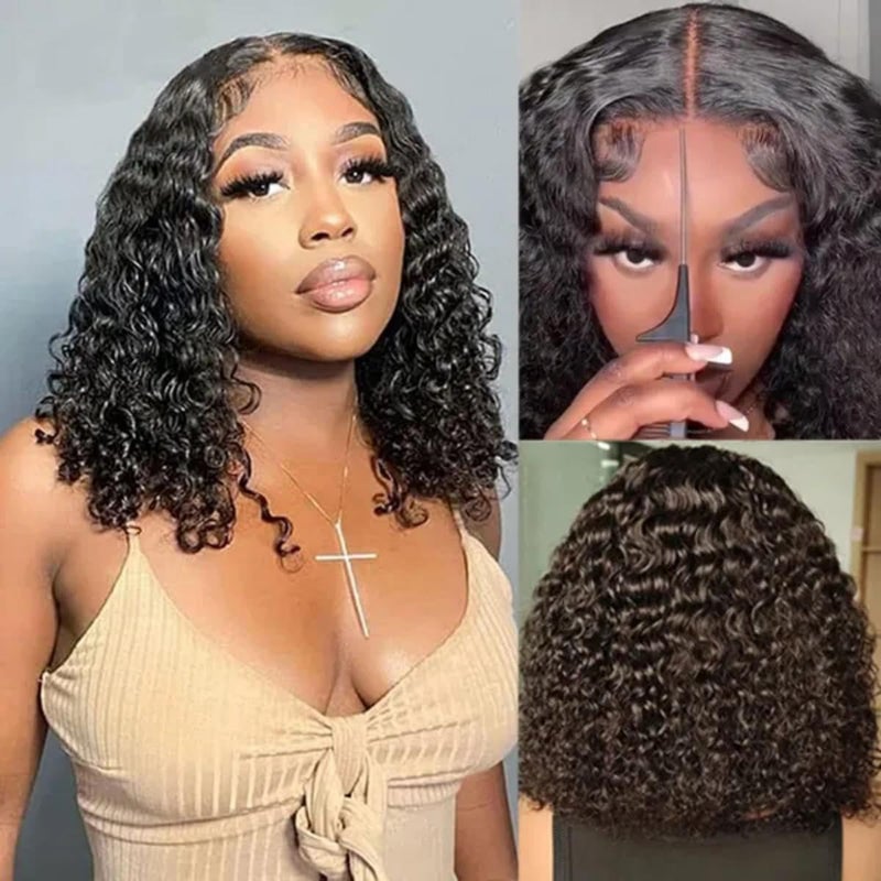 ISEE Wear and Go Glueless Wigs Bob Wigs Human Hair Pre Plucked Water Wave Lace Front Wigs Human Hair Upgraded No Glue Transparent Lace Closure Wigs Human Hair for Women Natural Black 14 Inch - Image 1